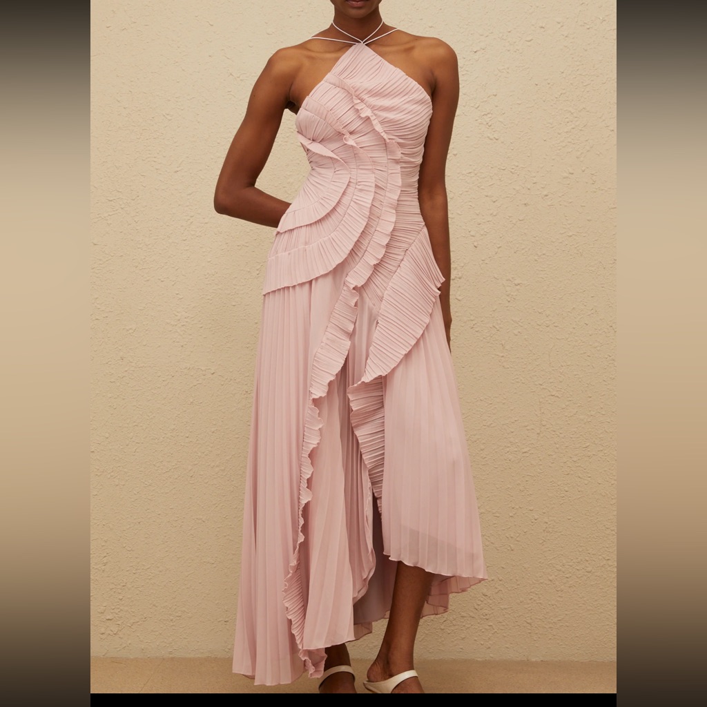 Halter Pleated Ruffle Midi Dress In Blush Pink
